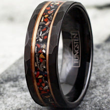 Load image into Gallery viewer, Mens Wedding Band Rings for Men Wedding Rings for Womens / Mens Rings Black Faux Dinosaur Bone-Meteorite Rose Gold Plated Stripe - Jewelry Store by Erik Rayo
