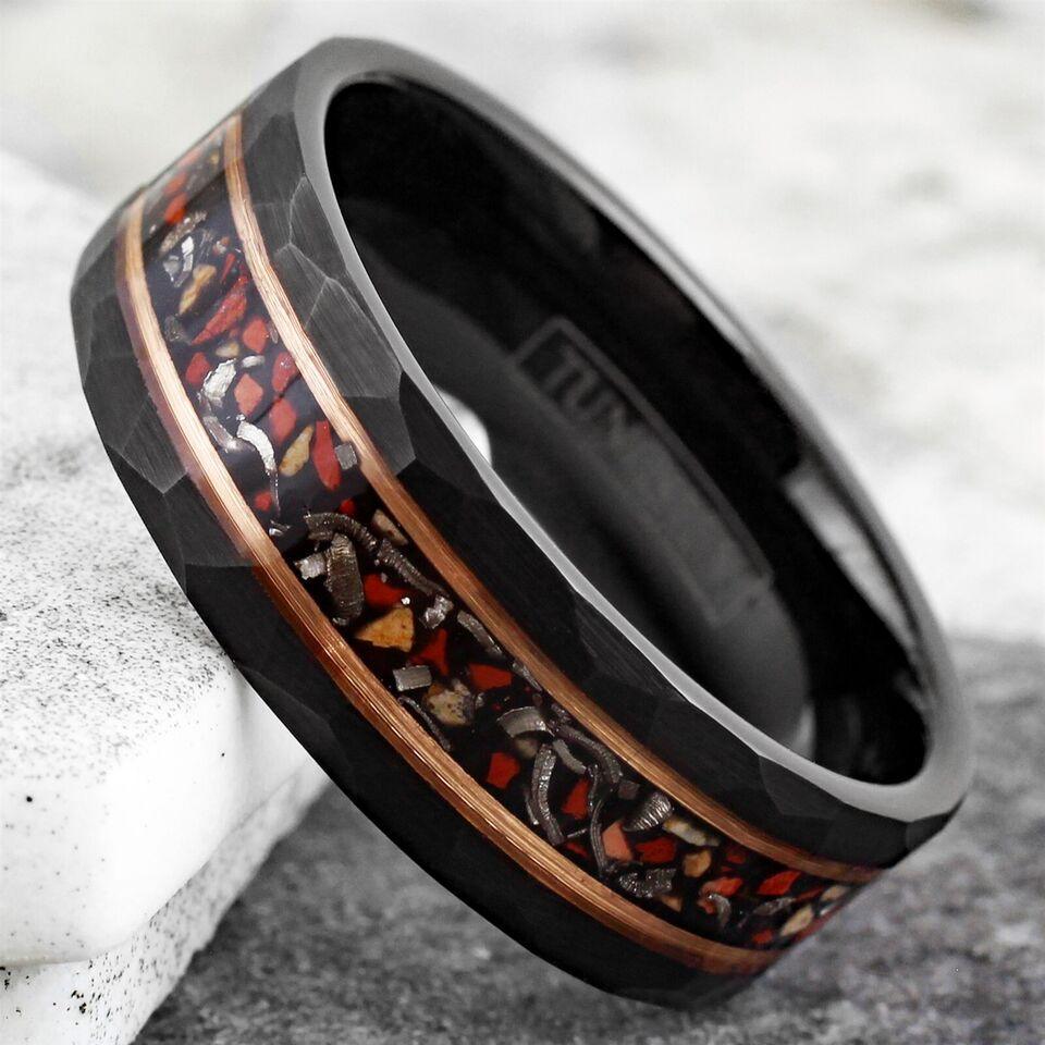Mens Wedding Band Rings for Men Wedding Rings for Womens / Mens Rings Black Faux Dinosaur Bone-Meteorite Rose Gold Plated Stripe - Jewelry Store by Erik Rayo