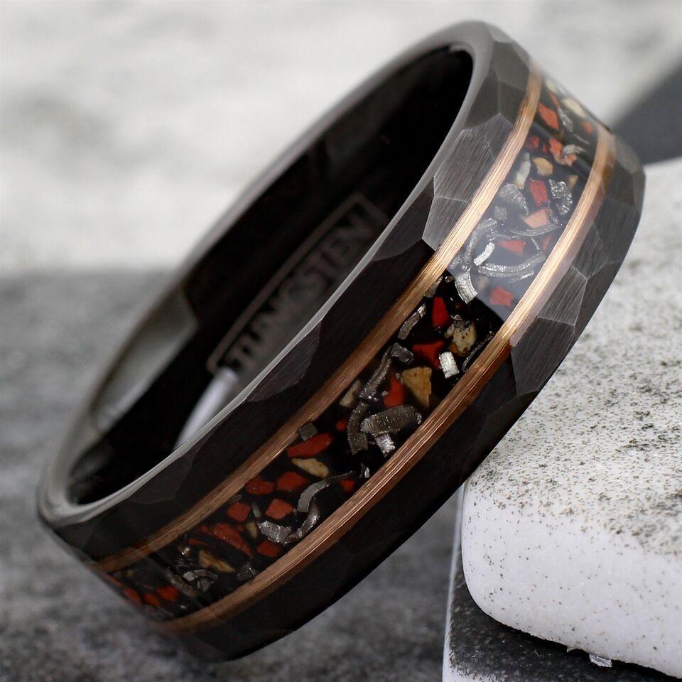Men's Wedding Band Ring - Black Faux Dinosaur Bone & Meteorite with Rose Gold Plated Stripe - Wedding Rings for Men & Women - Jewelry Store by Erik Rayo