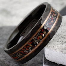 Load image into Gallery viewer, Mens Wedding Band Rings for Men Wedding Rings for Womens / Mens Rings Black Faux Dinosaur Bone-Meteorite Rose Gold Plated Stripe - Jewelry Store by Erik Rayo
