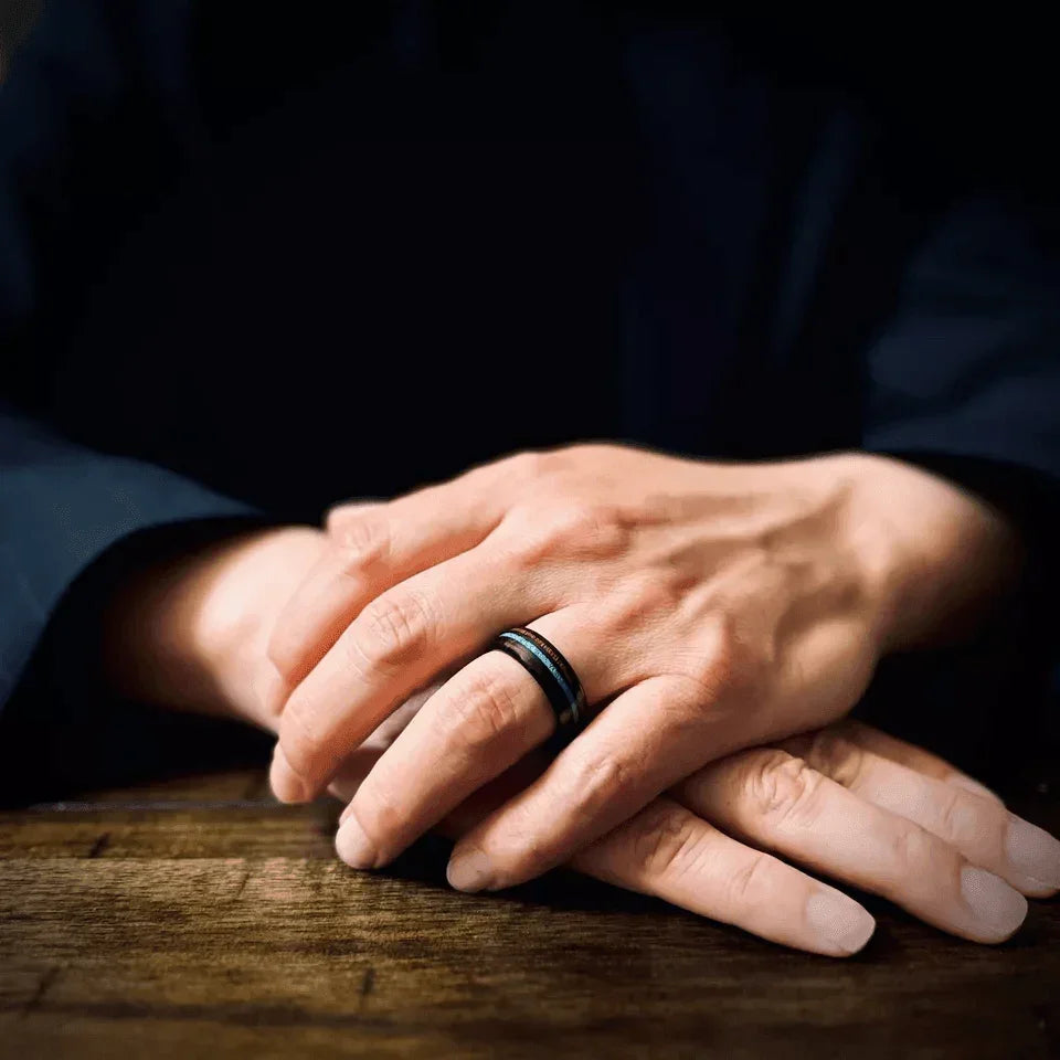 Men's Wedding Band Ring with Koa Wood and Crushed Turquoise - Perfect for Weddings and Special Occasions - Jewelry Store by Erik Rayo