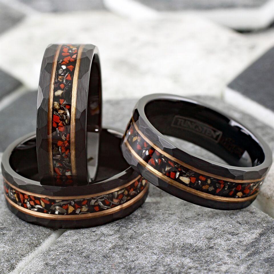 Mens Wedding Band Rings for Men Wedding Rings for Womens / Mens Rings Black Faux Dinosaur Bone-Meteorite Rose Gold Plated Stripe - Jewelry Store by Erik Rayo