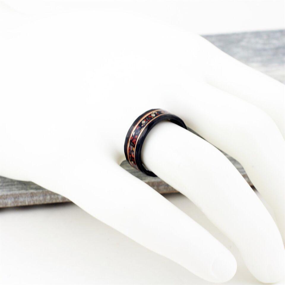 Men's Wedding Band Ring - Black Faux Dinosaur Bone & Meteorite with Rose Gold Plated Stripe - Wedding Rings for Men & Women - Jewelry Store by Erik Rayo