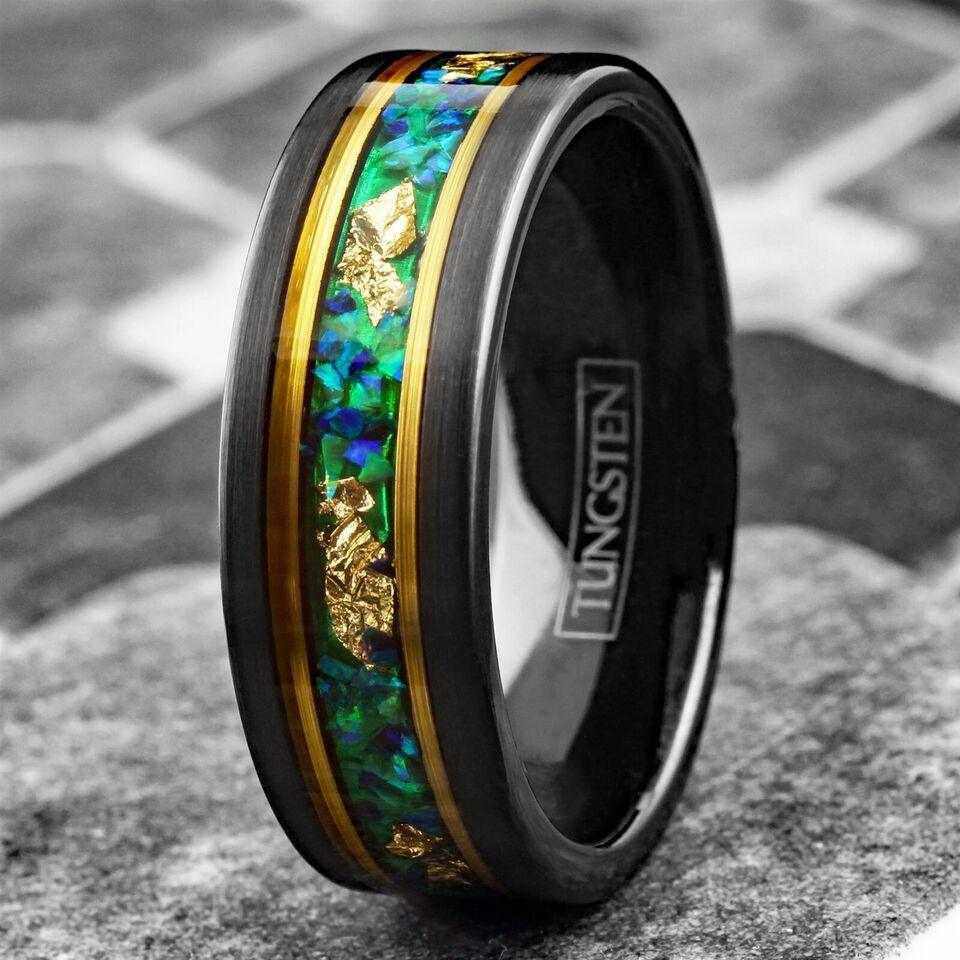 Men's Wedding Band Rings - Green Opal with 24K Gold Foil Leaf - Wedding Rings for Men and Women - Jewelry Store by Erik Rayo