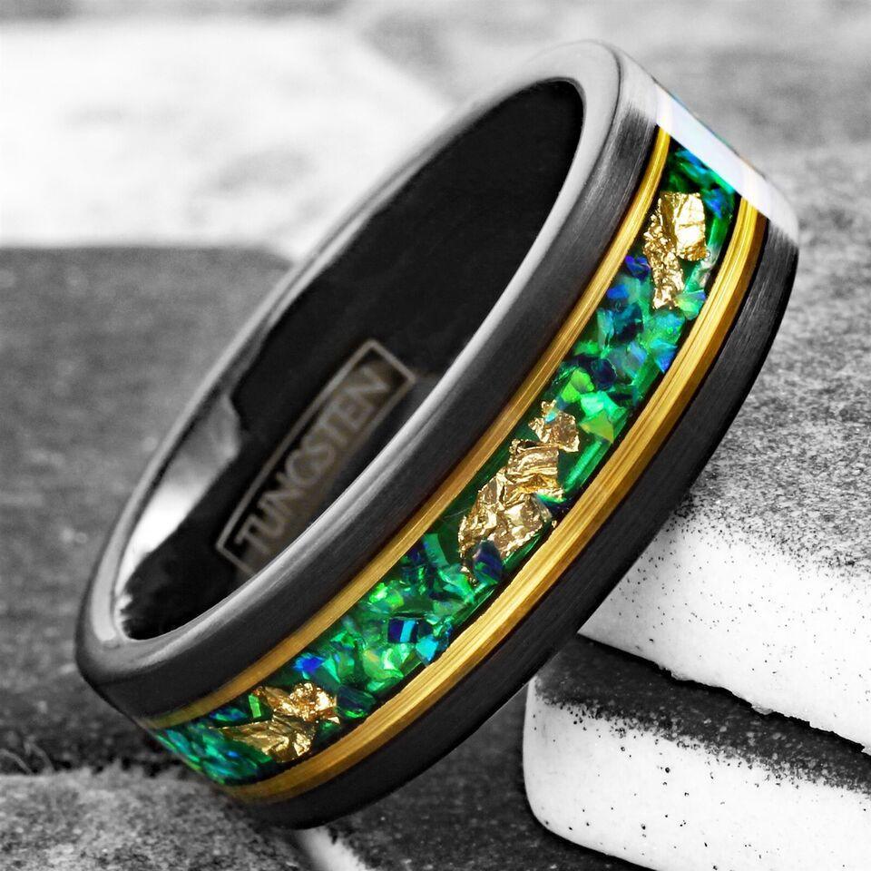 Men's Wedding Band Rings - Green Opal with 24K Gold Foil Leaf - Wedding Rings for Men and Women - Jewelry Store by Erik Rayo