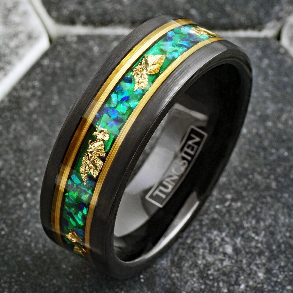 Men's Wedding Band Rings - Green Opal with 24K Gold Foil Leaf - Wedding Rings for Men and Women - Jewelry Store by Erik Rayo