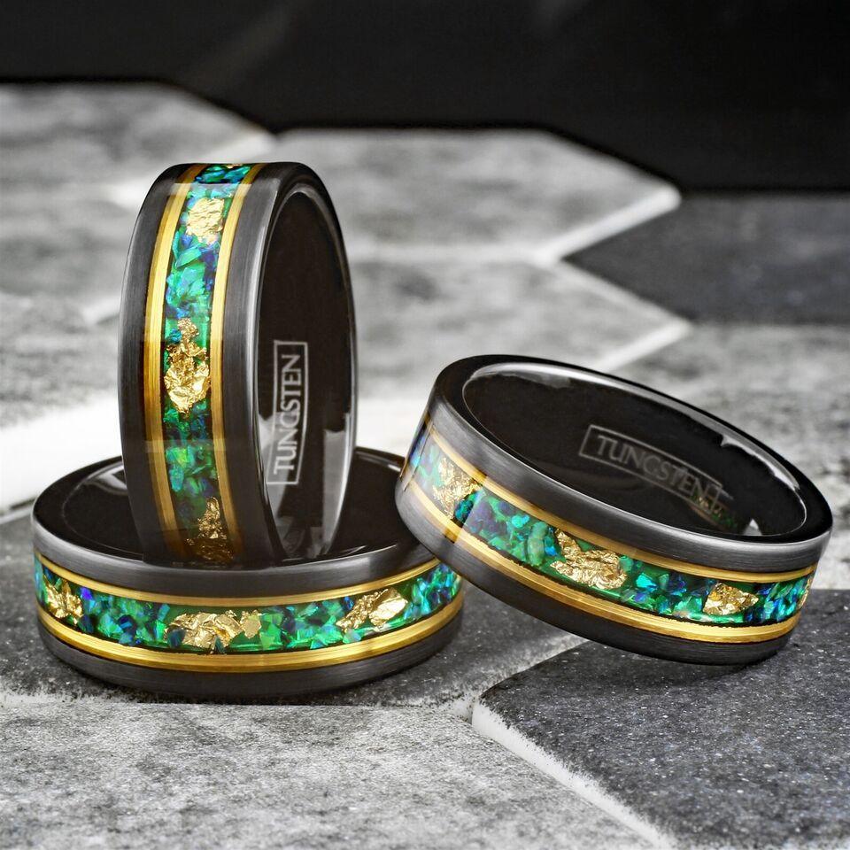 Men's Wedding Band Rings - Green Opal with 24K Gold Foil Leaf - Wedding Rings for Men and Women - Jewelry Store by Erik Rayo