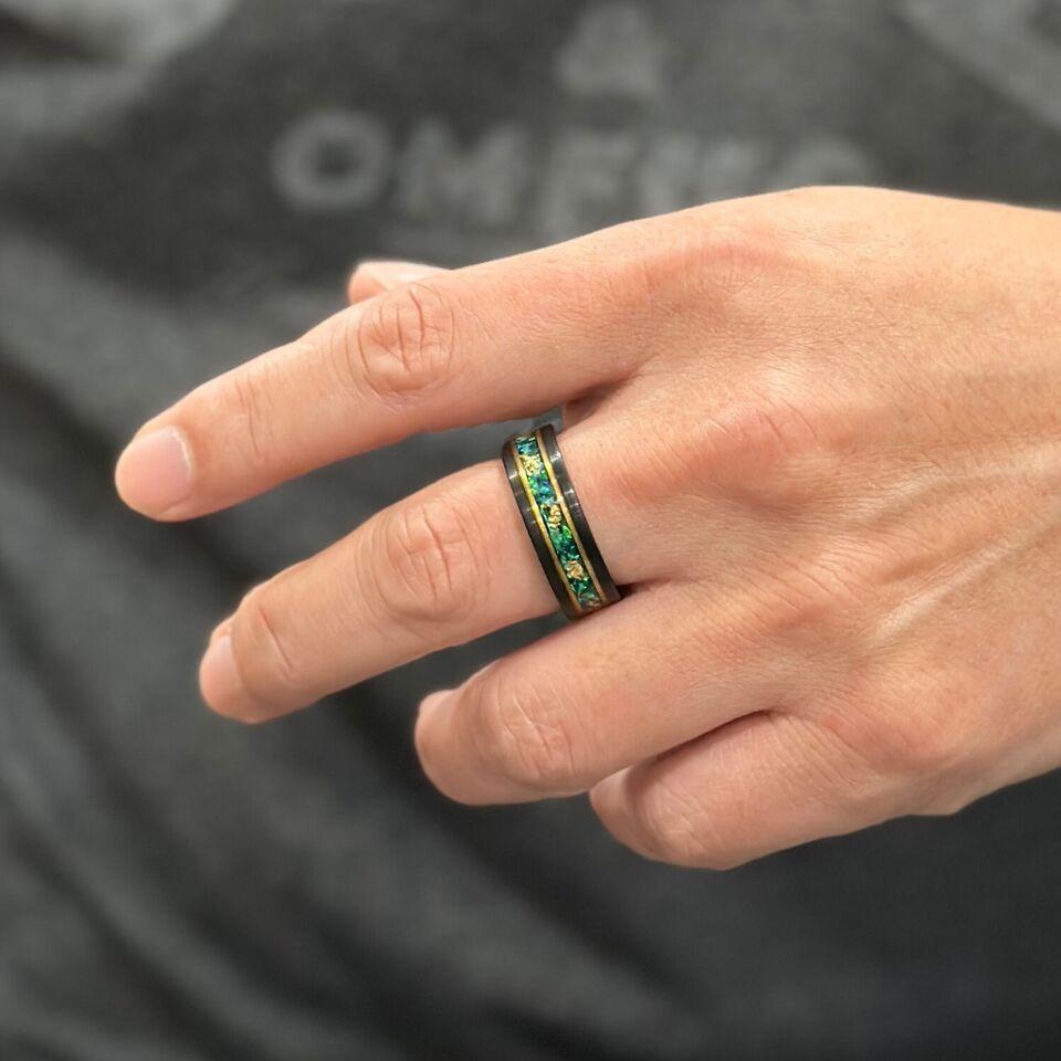 Men's Wedding Band Rings - Green Opal with 24K Gold Foil Leaf - Wedding Rings for Men and Women - Jewelry Store by Erik Rayo