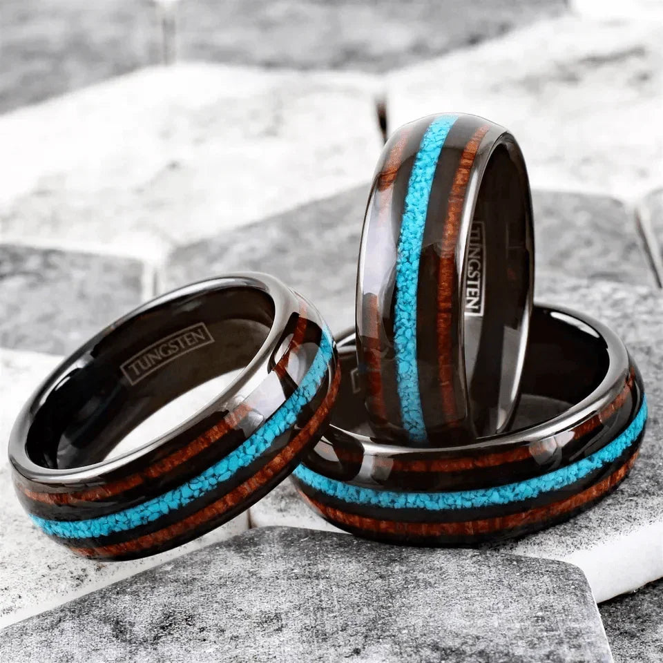 Men's Wedding Band Ring with Koa Wood and Crushed Turquoise - Perfect for Weddings and Special Occasions - Jewelry Store by Erik Rayo