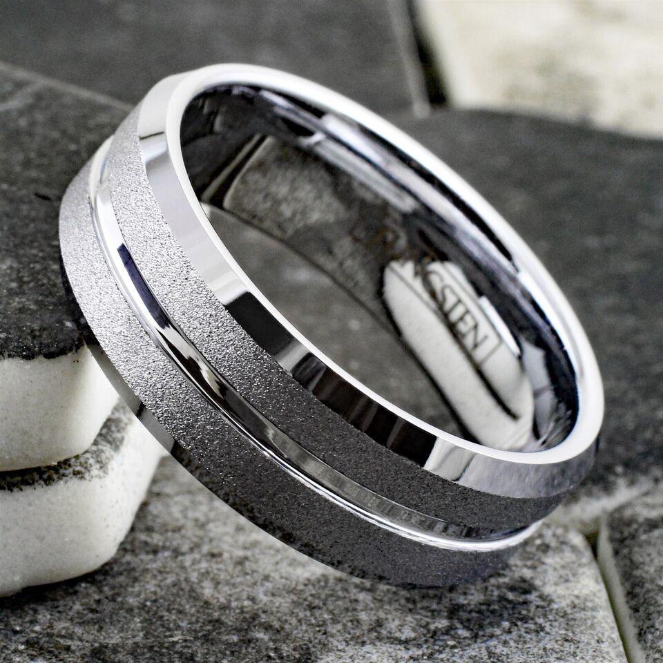 Men's Wedding Band Ring - Silver Sand Blast Finish with Center Groove - Wedding Rings for Men and Women - Jewelry Store by Erik Rayo