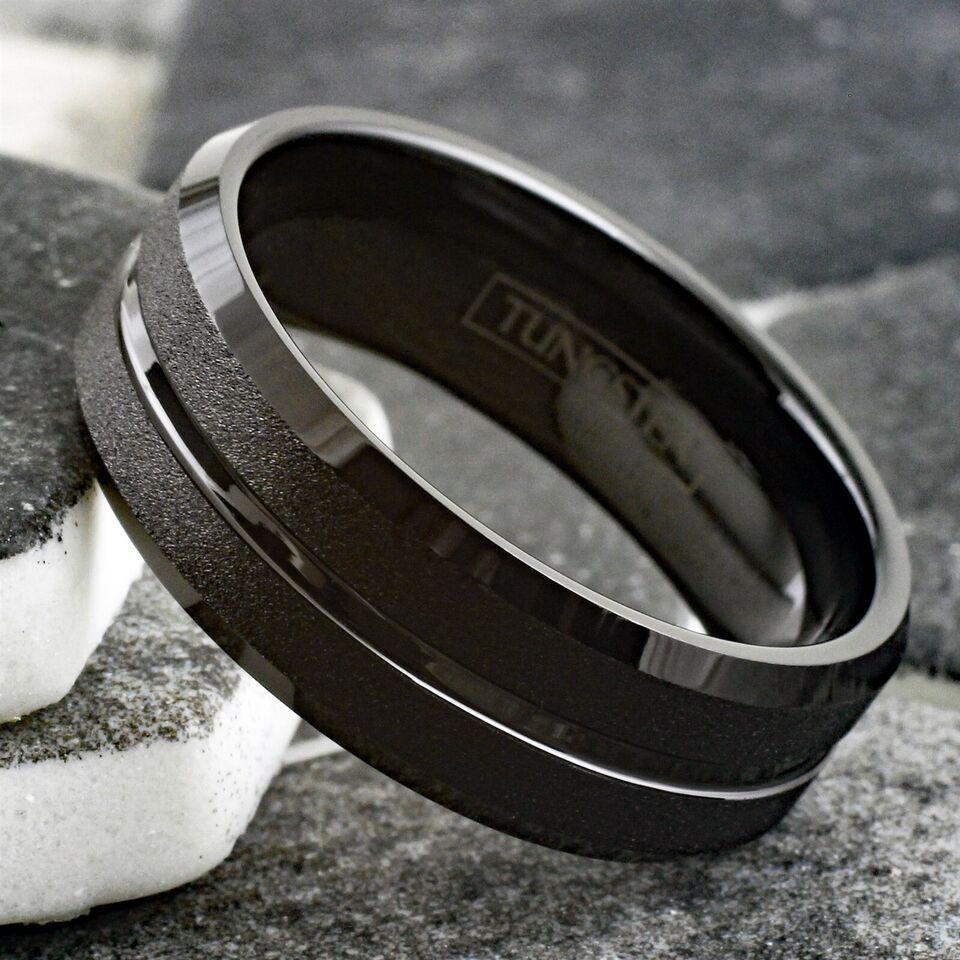 Men's Wedding Band Rings - Black Sand Blast Finish with Center Groove - Wedding Rings for Men and Women - Jewelry Store by Erik Rayo