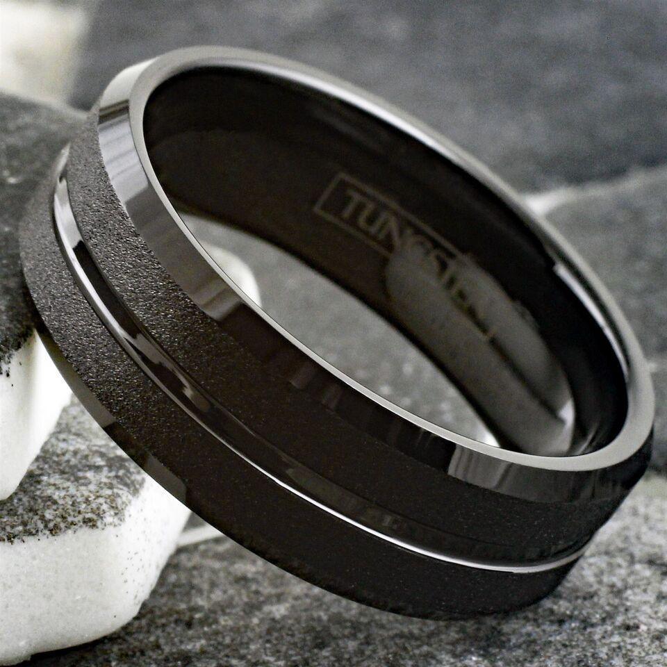 Men's Wedding Band Rings - Black Sand Blast Finish with Center Groove - Wedding Rings for Men and Women - Jewelry Store by Erik Rayo