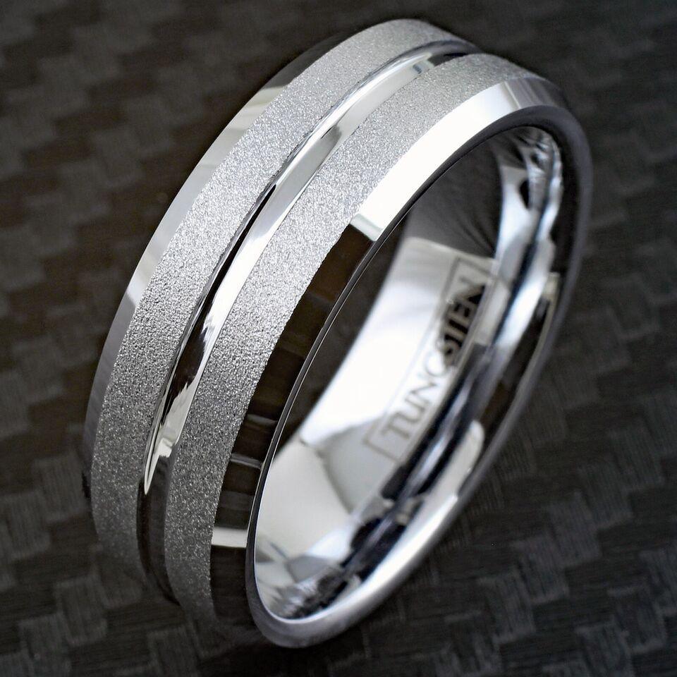 Men's Wedding Band Ring - Silver Sand Blast Finish with Center Groove - Wedding Rings for Men and Women - Jewelry Store by Erik Rayo