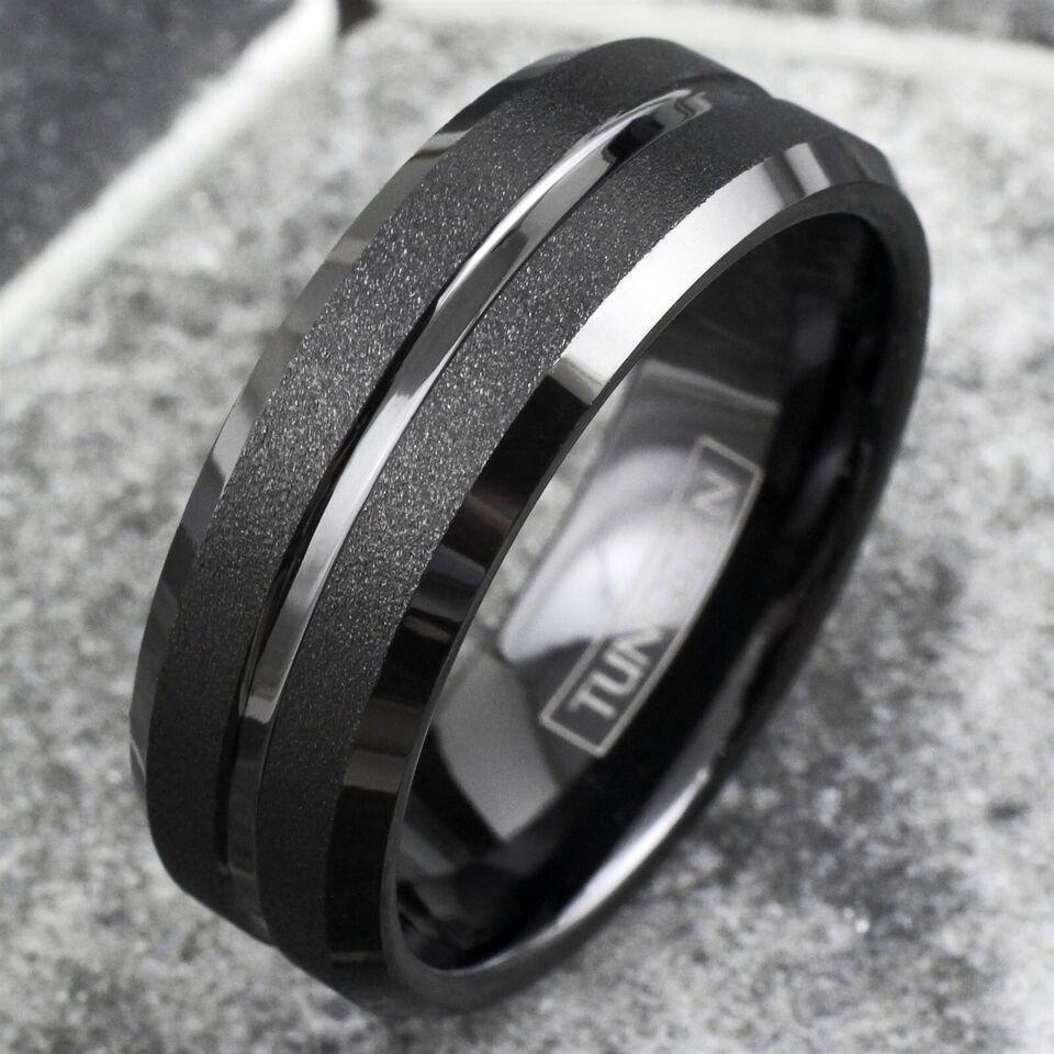 Men's Wedding Band Rings - Black Sand Blast Finish with Center Groove - Wedding Rings for Men and Women - Jewelry Store by Erik Rayo