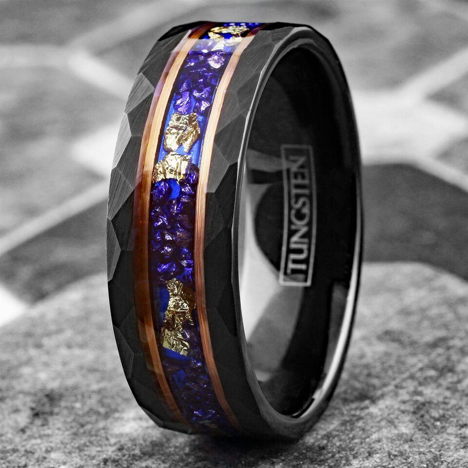 Men's Wedding Band Rings | Blue Sapphire & 24K Gold Foil Leaf | Wedding Rings for Men & Women - Jewelry Store by Erik Rayo