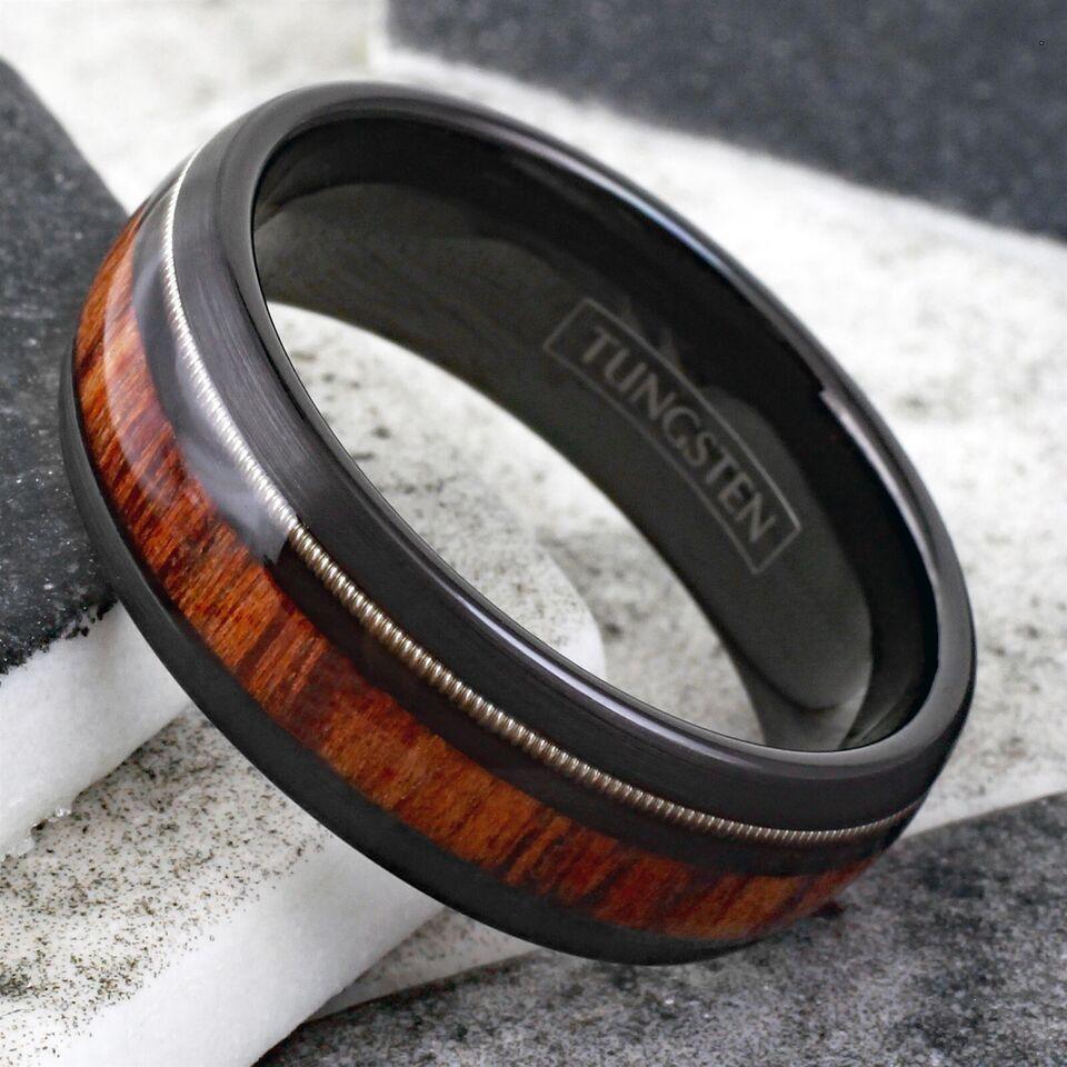 Men's Wedding Band Ring with Guitar String and Acacia Wood - Unique Wedding Ring for Men and Women - Jewelry Store by Erik Rayo