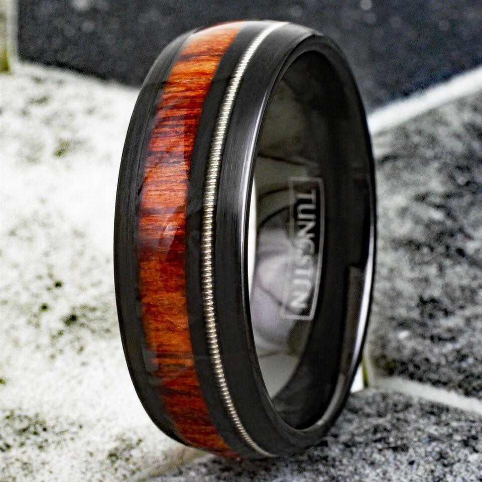 Men's Wedding Band Ring with Guitar String and Acacia Wood - Unique Wedding Ring for Men and Women - Jewelry Store by Erik Rayo