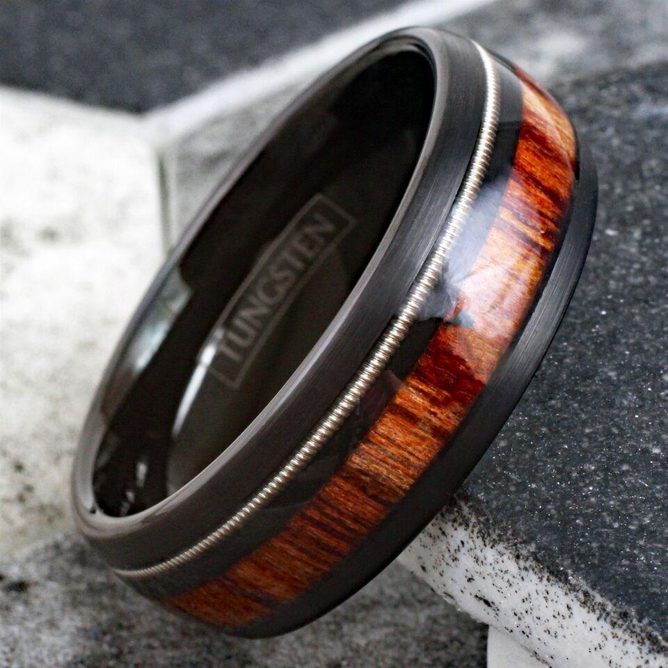 Men's Wedding Band Ring with Guitar String and Acacia Wood - Unique Wedding Ring for Men and Women - Jewelry Store by Erik Rayo