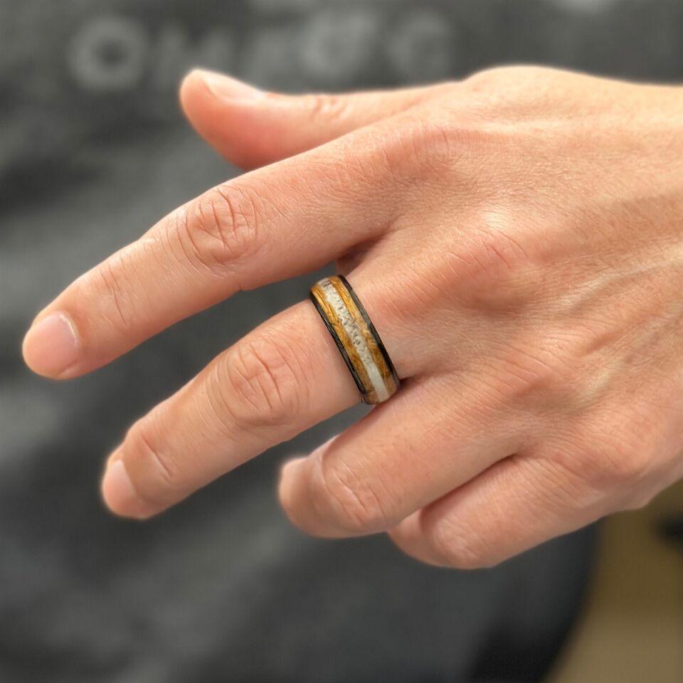 Men's Wedding Band Rings - Deer Antler & Whiskey Barrel - Unique Wedding Rings for Men and Women - Jewelry Store by Erik Rayo