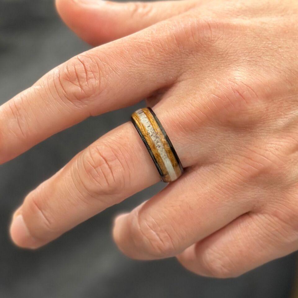 Men's Wedding Band Rings - Deer Antler & Whiskey Barrel - Unique Wedding Rings for Men and Women - Jewelry Store by Erik Rayo