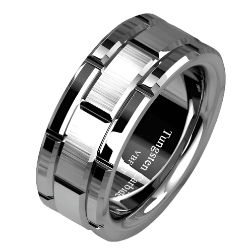 Men's Tungsten Carbide Wedding Band Ring Silver Brushed Bricked Pattern - Jewelry Store by Erik Rayo