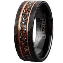 Load image into Gallery viewer, Men&#39;s Wedding Band Ring - Black Faux Dinosaur Bone &amp; Meteorite with Rose Gold Plated Stripe - Wedding Rings for Men &amp; Women
