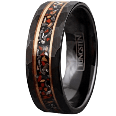 Men's Wedding Band Ring - Black Faux Dinosaur Bone & Meteorite with Rose Gold Plated Stripe - Wedding Rings for Men & Women