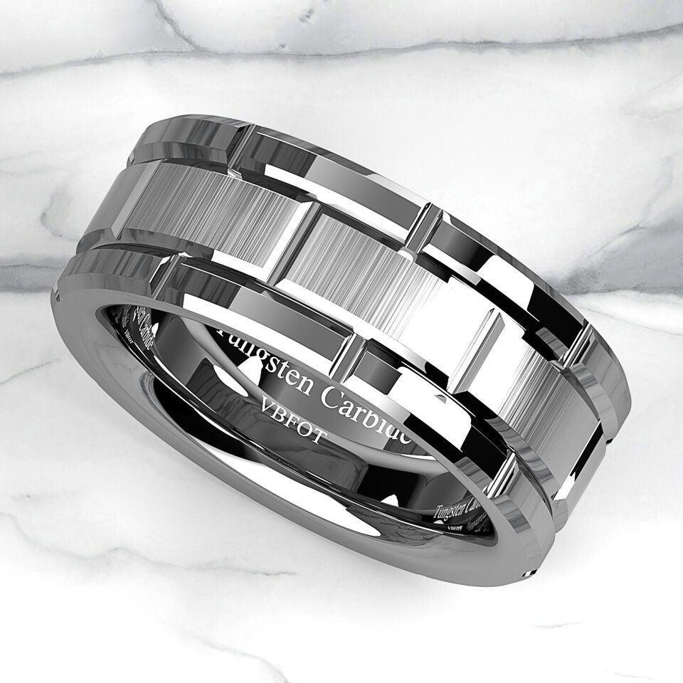 Men's Tungsten Carbide Wedding Band Ring Silver Brushed Bricked Pattern - Jewelry Store by Erik Rayo