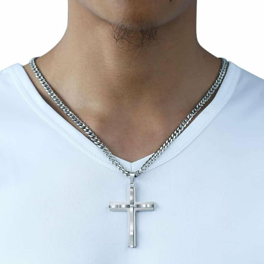 Silver Cross Necklace with Curb Chain Pendant 18-30 Inches Stainless Steel - Jewelry Store by Erik Rayo