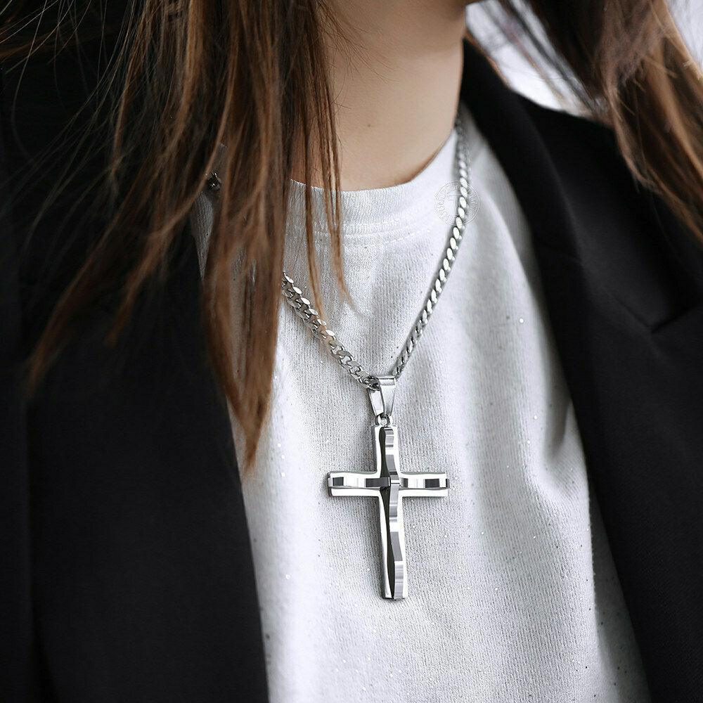 Silver Cross Necklace with Curb Chain Pendant 18-30 Inches Stainless Steel - Jewelry Store by Erik Rayo