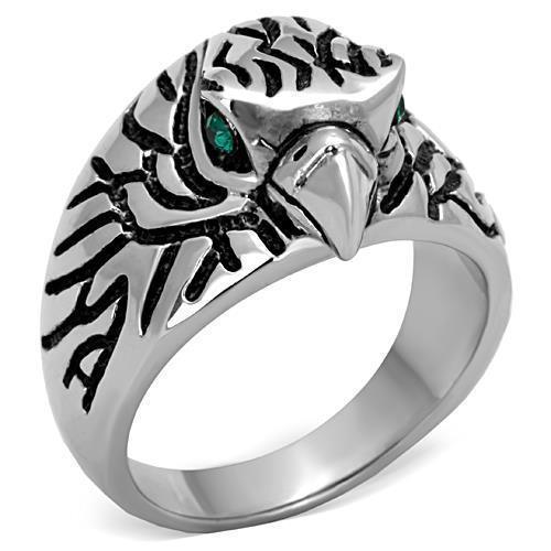 Silver Eagle Ring Anillo Para Mujer y Hombre 316L Stainless Steel Ring with Top Grade Crystal in Emerald - Jewelry Store by Erik Rayo