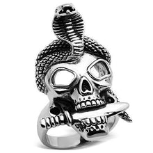 Load image into Gallery viewer, Silver Skull Snake Ring Sword Anillo Para Hombre Mujer y Ninos Kids Unisex 316L Stainless Steel Ring with Epoxy in Jet - Jewelry Store by Erik Rayo
