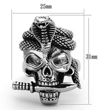 Load image into Gallery viewer, Silver Skull Snake Ring Sword Anillo Para Hombre Mujer y Ninos Kids Unisex 316L Stainless Steel Ring with Epoxy in Jet - Jewelry Store by Erik Rayo
