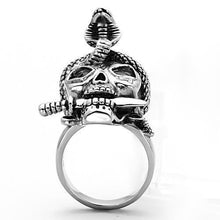 Load image into Gallery viewer, Silver Skull Snake Ring Sword Anillo Para Hombre Mujer y Ninos Kids Unisex 316L Stainless Steel Ring with Epoxy in Jet - Jewelry Store by Erik Rayo
