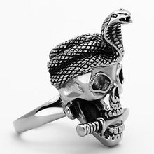 Load image into Gallery viewer, Silver Skull Snake Ring Sword Anillo Para Hombre Mujer y Ninos Kids Unisex 316L Stainless Steel Ring with Epoxy in Jet - Jewelry Store by Erik Rayo
