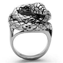 Load image into Gallery viewer, Silver Snake Ring Anillo Para Hombre Mujer y Ninos Unisex Kids 316L Stainless Steel Ring with Epoxy in Jet - Jewelry Store by Erik Rayo
