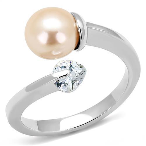 Silver Womens Ring Anillo Para Mujer 316L Stainless Steel Ring with Synthetic Pearl in Light Peach - Jewelry Store by Erik Rayo