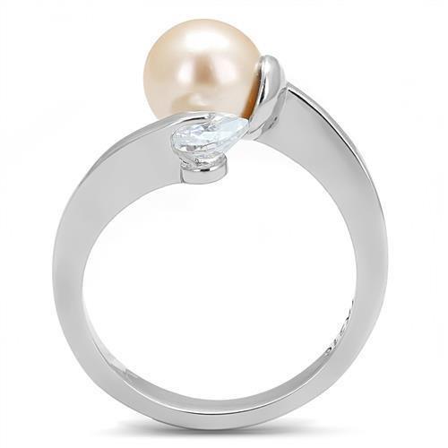 Silver Womens Ring Anillo Para Mujer 316L Stainless Steel Ring with Synthetic Pearl in Light Peach - Jewelry Store by Erik Rayo