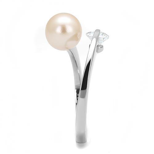 Silver Womens Ring Anillo Para Mujer 316L Stainless Steel Ring with Synthetic Pearl in Light Peach - Jewelry Store by Erik Rayo