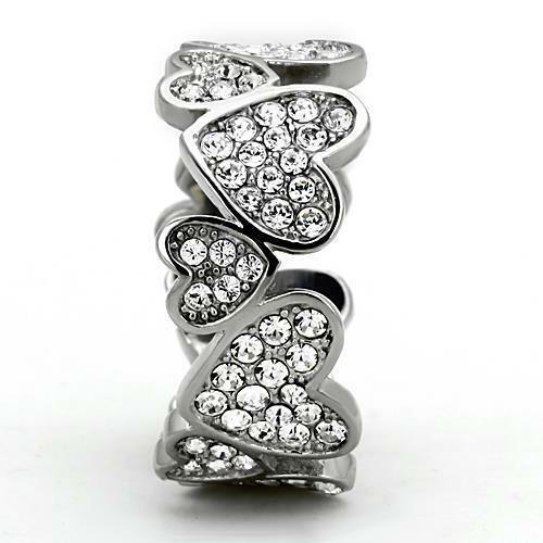 Stainless Steel Heart Pave CZ Crystal Eternity Wide Band Wedding Love Ring Anillo Para Mujer - Jewelry Store by Erik Rayo