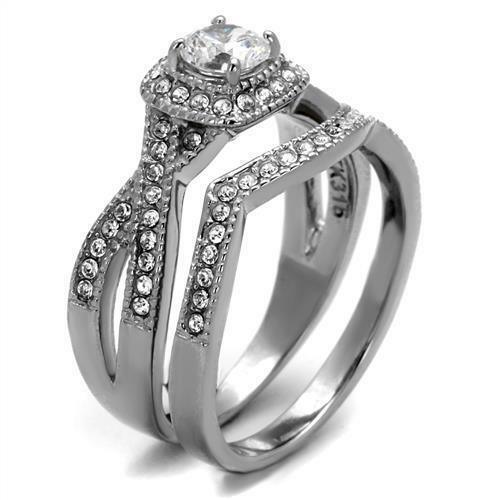 Stainless Steel Women's Infinity Wedding Ring Set Halo Round CZ Cubic Zirconia - Jewelry Store by Erik Rayo