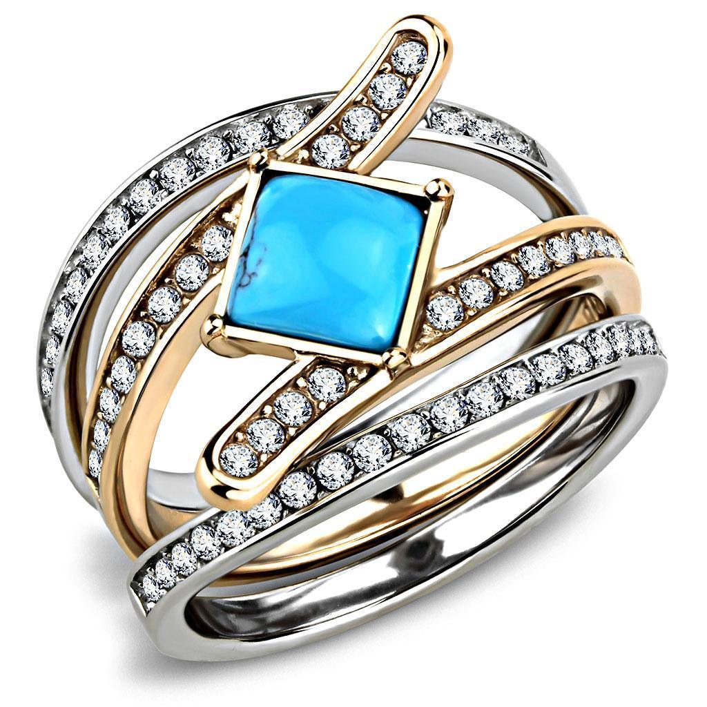 TK3519 - Two-Tone IP Rose Gold Stainless Steel Ring with Synthetic Turquoise in Sea Blue - Jewelry Store by Erik Rayo