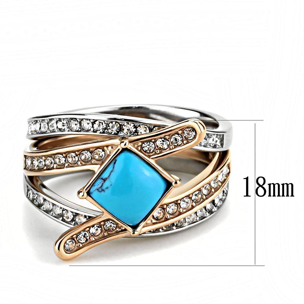 TK3519 - Two-Tone IP Rose Gold Stainless Steel Ring with Synthetic Turquoise in Sea Blue - Jewelry Store by Erik Rayo