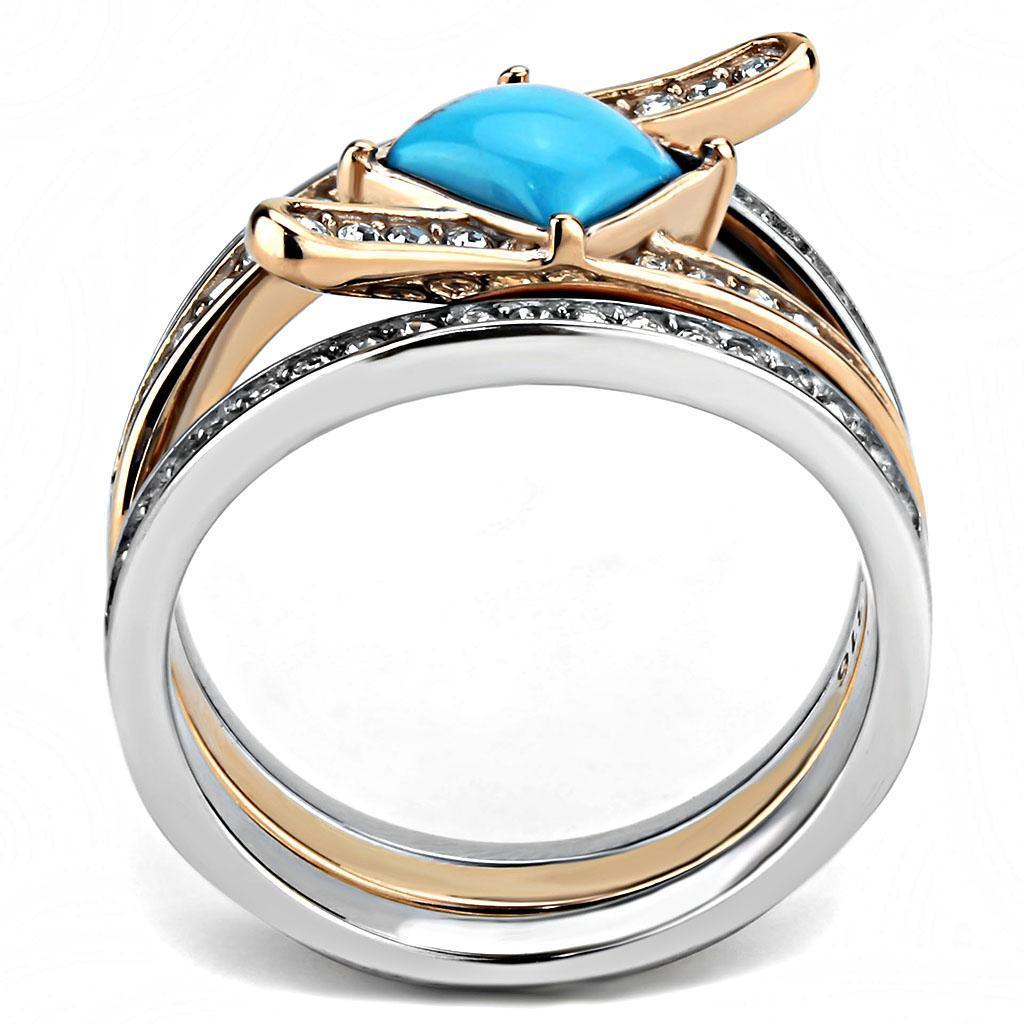 TK3519 - Two-Tone IP Rose Gold Stainless Steel Ring with Synthetic Turquoise in Sea Blue - Jewelry Store by Erik Rayo
