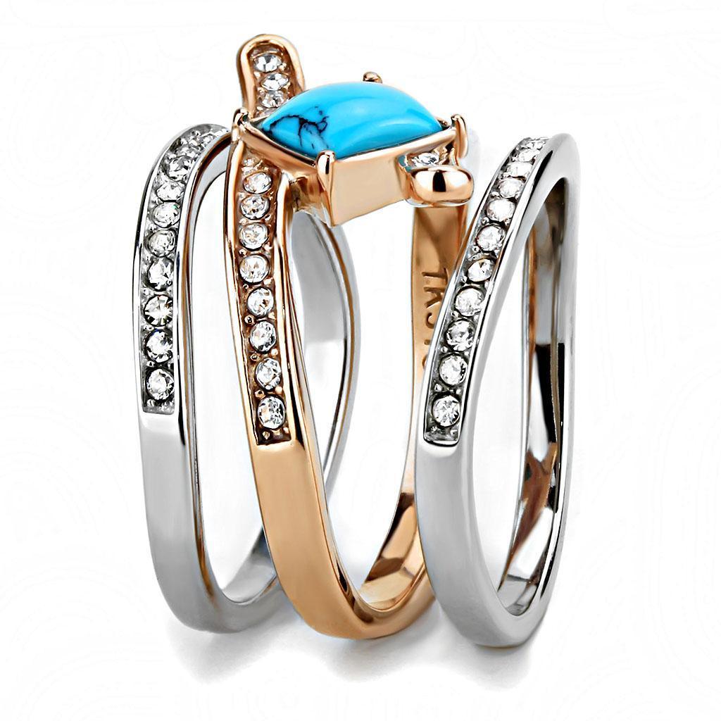 TK3519 - Two-Tone IP Rose Gold Stainless Steel Ring with Synthetic Turquoise in Sea Blue - Jewelry Store by Erik Rayo