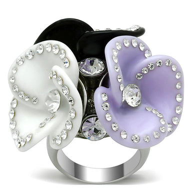 Tricolor Purple White Black Flowers Silver Womens Ring Stainless Steel Anillo Morado Negro Blanco Flores Plata Para Mujer Acero Inoxidable - Jewelry Store by Erik Rayo