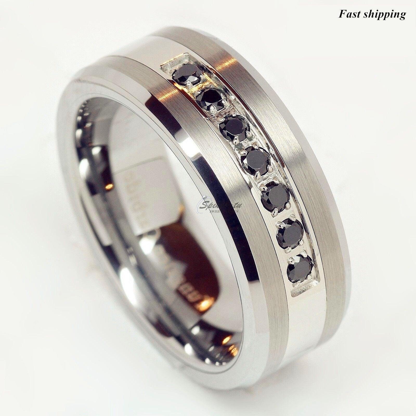 Tungsten Rings for Men Wedding Bands for Him Womens Wedding Bands for Her 8mm Black CZ Inlay Mens Band Brushed Size 6-13 - Jewelry Store by Erik Rayo