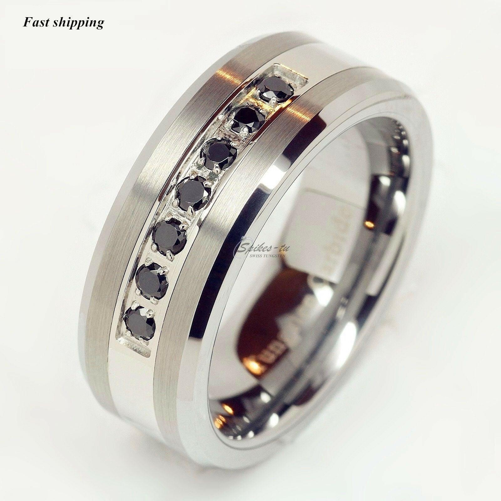 Tungsten Rings for Men Wedding Bands for Him Womens Wedding Bands for Her 8mm Black CZ Inlay Mens Band Brushed Size 6-13 - Jewelry Store by Erik Rayo