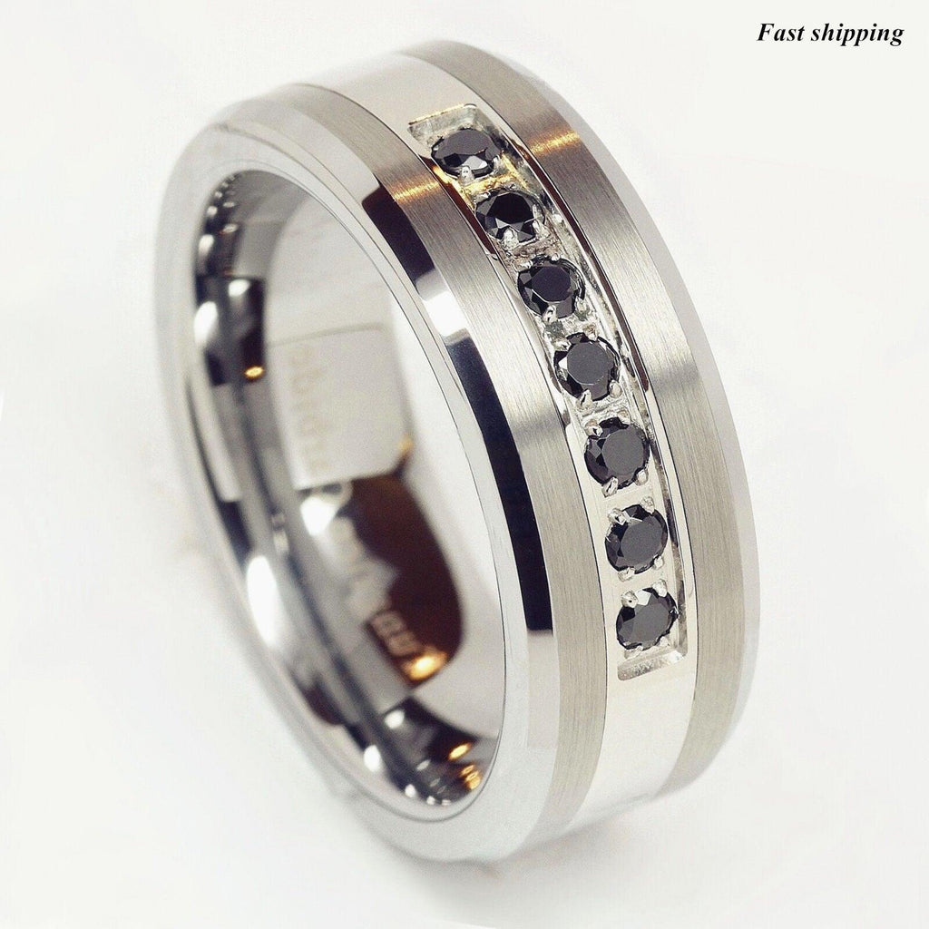 Tungsten Rings for Men Wedding Bands for Him Womens Wedding Bands for Her 8mm Black CZ Inlay Mens Band Brushed Size 6-13 - Jewelry Store by Erik Rayo