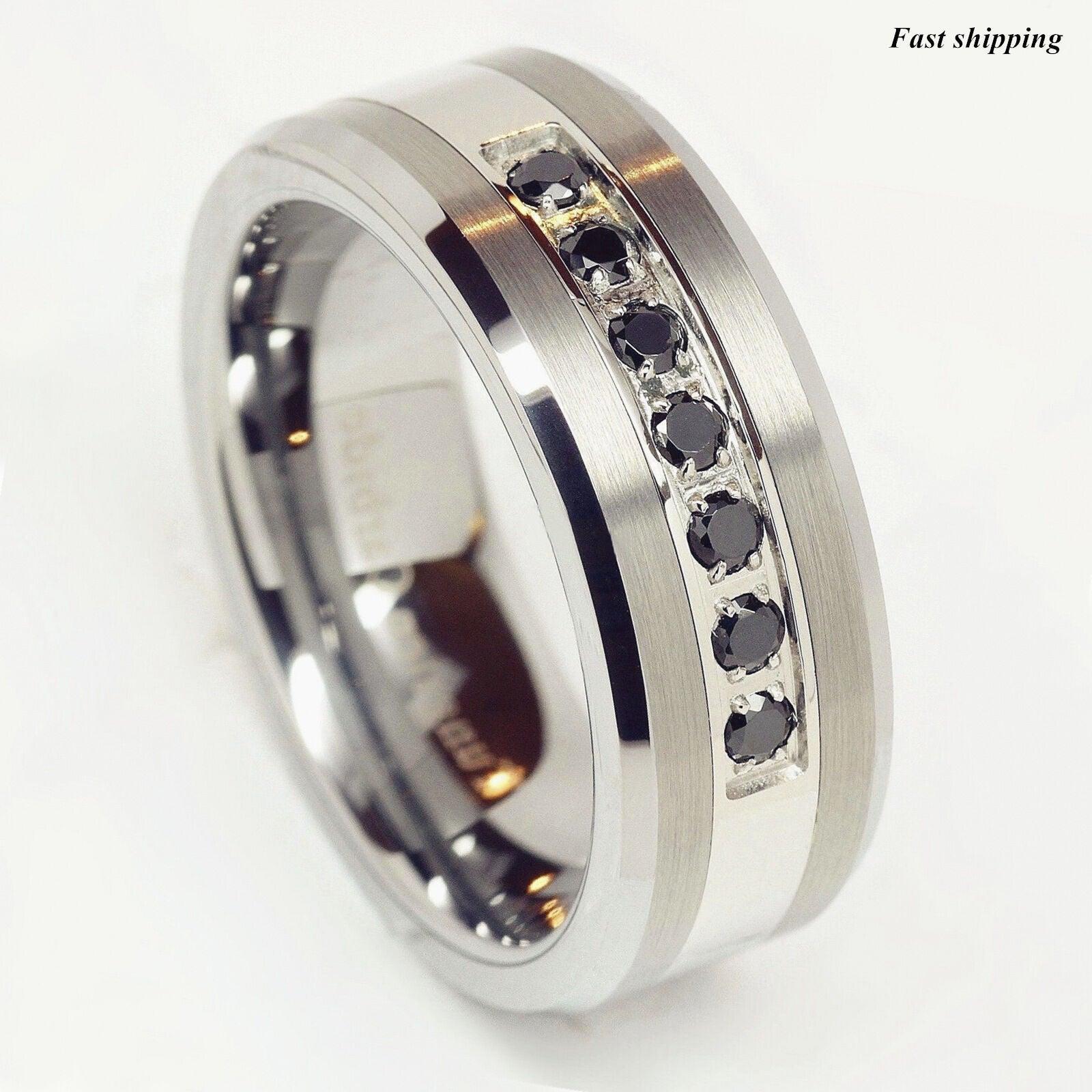 Tungsten Rings for Men Wedding Bands for Him Womens Wedding Bands for Her 8mm Black CZ Inlay Mens Band Brushed Size 6-13 - Jewelry Store by Erik Rayo